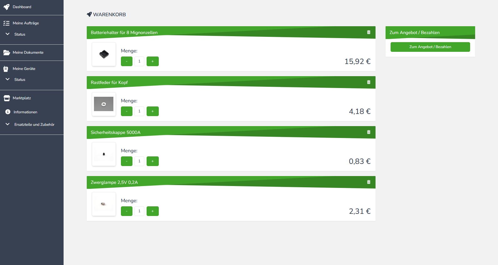 Im Warenkorb kann man sich zu ausgewählten Produkten ein Angebot erstellen oder den Bezahlvorgang anstoßen lassen.